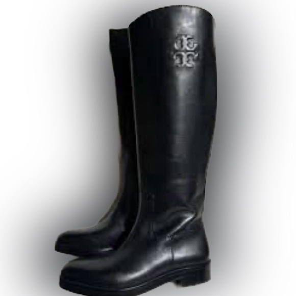 Tory Burch Women’s The Riding Boot Size 8 Black Leather Embossed Logo NEW